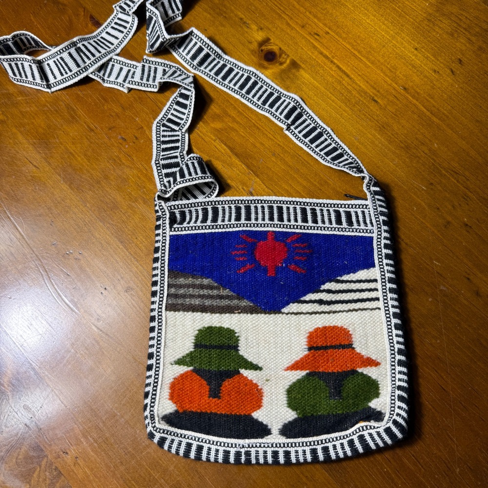 Vintage Woven Folk Art Crossbody Bag Boho Tribal Textile Shoulder Purse